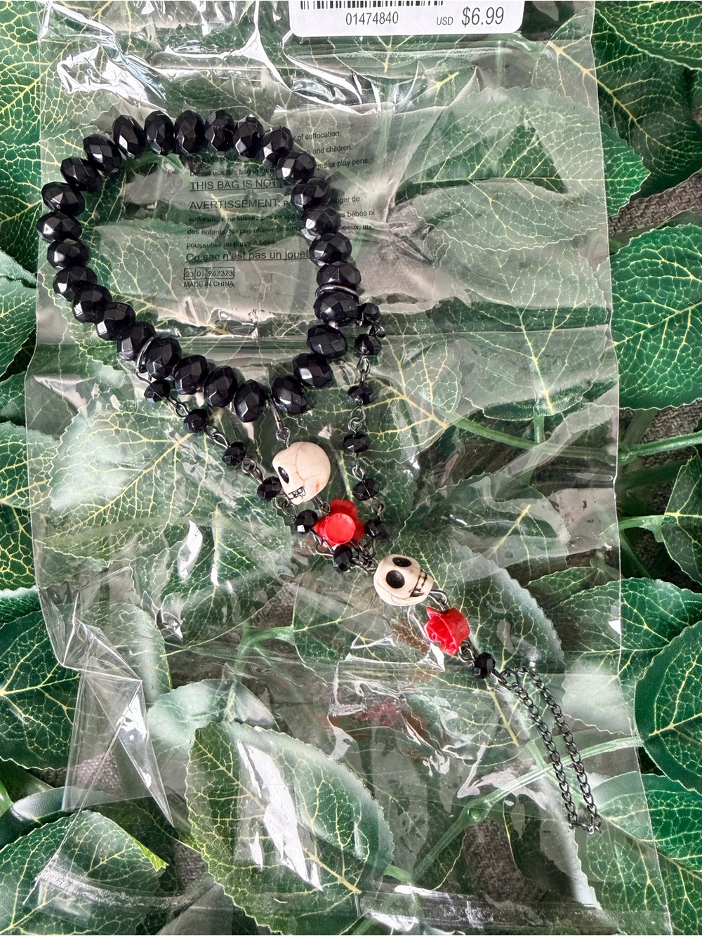 DC Comics Black and Red Beaded Hand Chain Bracelet with Skull Charm